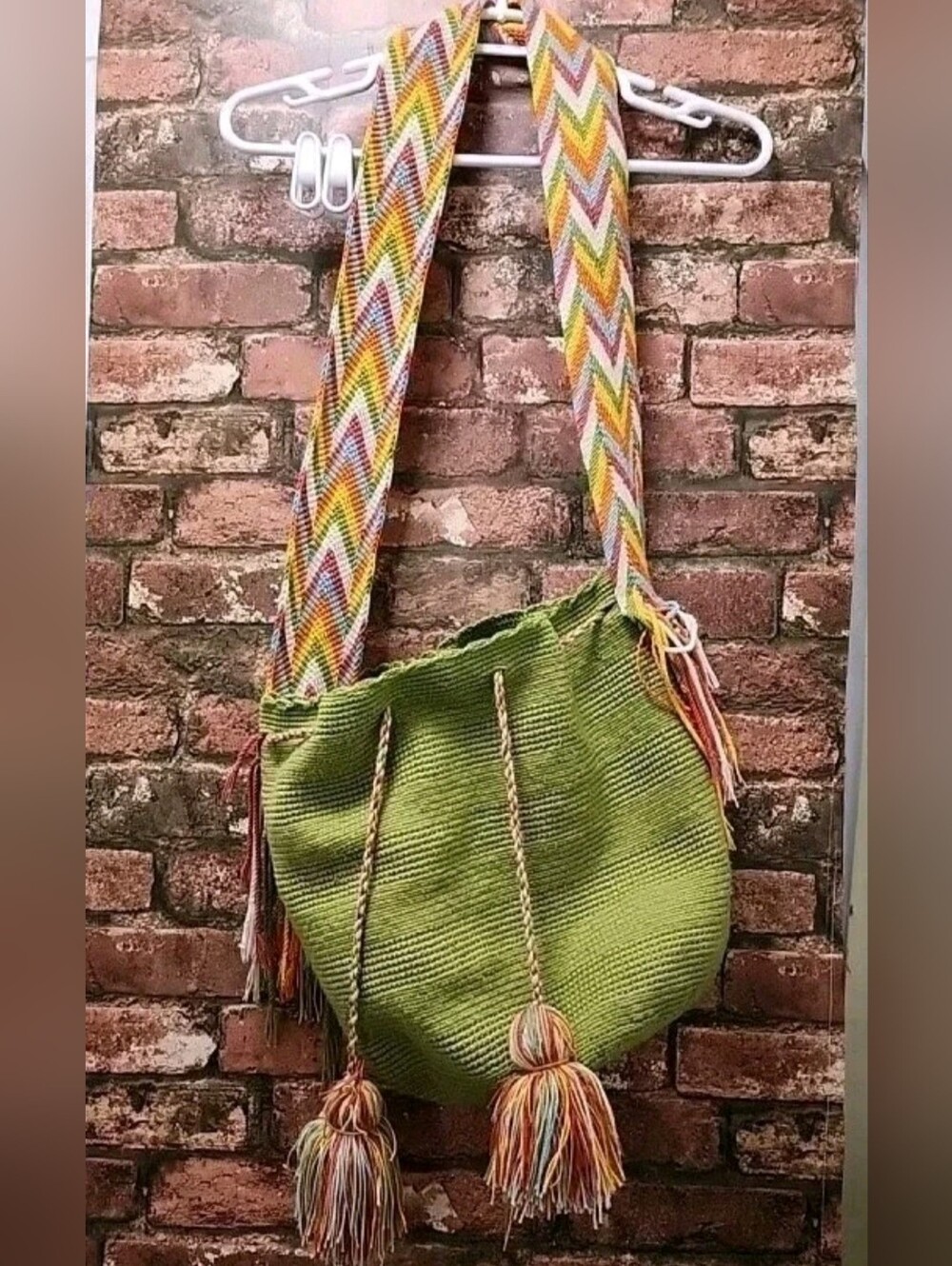 Woven Green Boho Shoulder Bucket Bag with Multicolor Strap